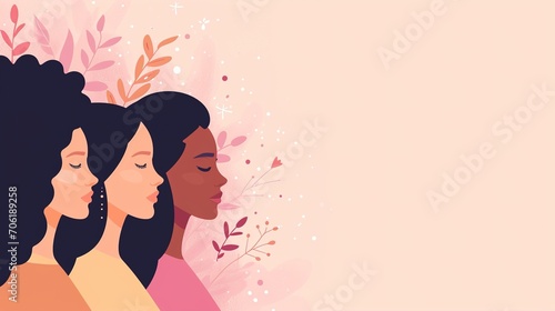 

Women's day celebration minimalist banner, march 8, several women faces graphic illustration, horizontal copy space on pastel pink background, generative ai photo