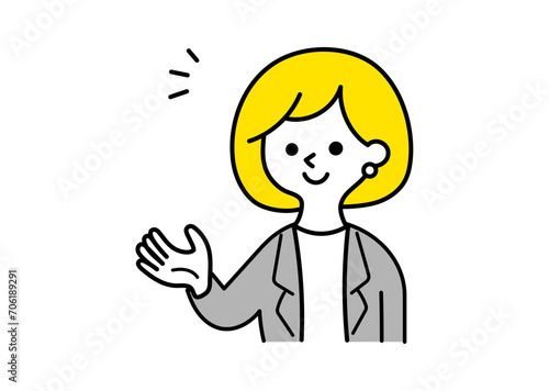 笑顔で案内をするスーツ姿の女性のイラスト