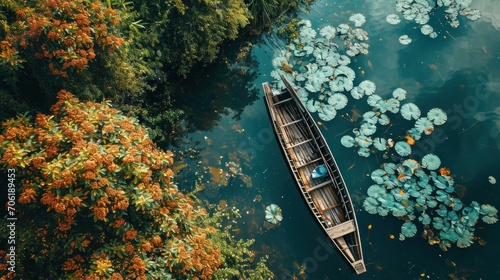  a boat floating on top of a body of water next to a lush green forest filled with orange and yellow flowers.
