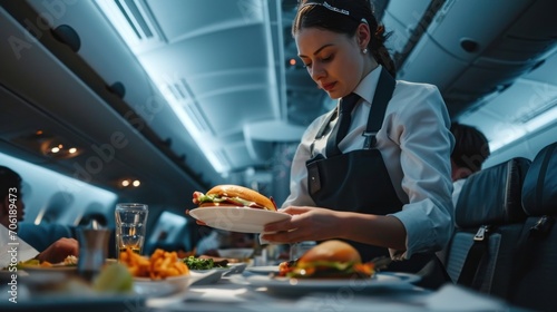  a woman in an airplane serving a plate of food to a man in a seat in the back of the plane. photo