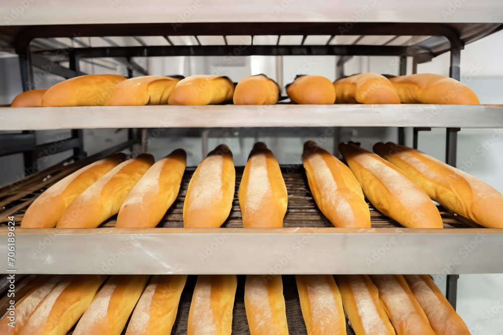 bread bakery with baked loafs in shelfs of commercial kitchen concept of bread baking production manufacture business and modern technology, ai generated