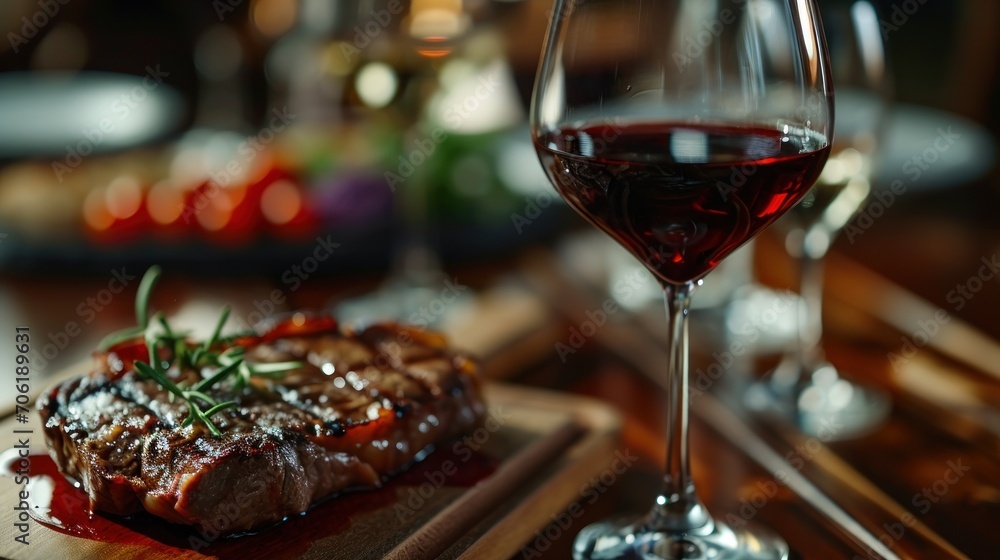 a steak on a cutting board next to a glass of wine and a glass of red wine on a table. a steak on a cutting board next to a glass of wine and a glass of red wine on a table.