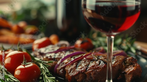  a close up of a plate of food with meat and vegetables next to a glass of wine and a bottle of wine.