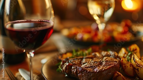  a plate of steak, potatoes, and a glass of wine on a table with a glass of red wine.