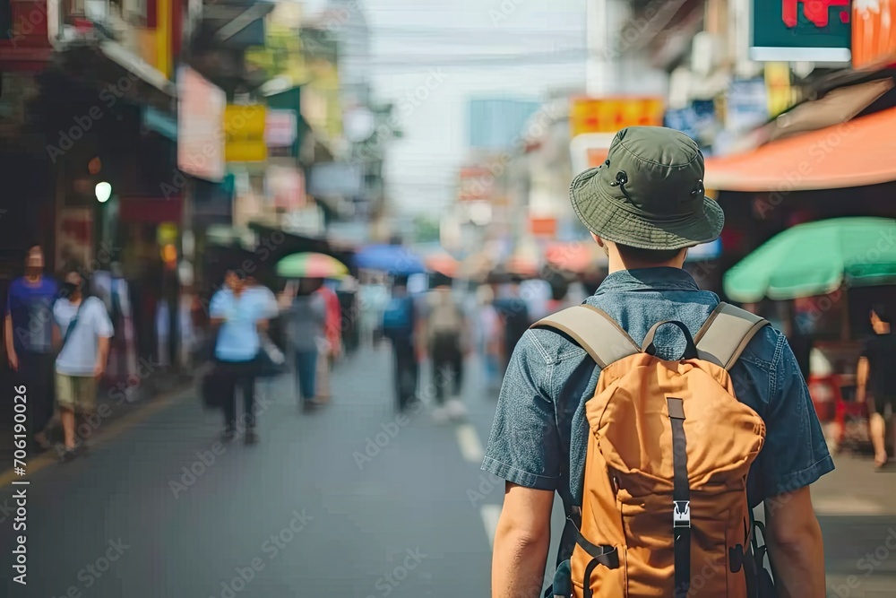 Wanderlust chronicles. Asian adventure unveiled young man with backpack exploring vibrant streets of embracing urban beat and traditional charms of culture Wanderlust chronicles. Asian adventure unveiled young man with backpack exploring vibrant streets of embracing urban beat and traditional charms of culture