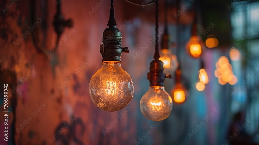 a bunch of light bulbs that are hanging from a light fixture in a room with graffiti on the wall behind them. a bunch of light bulbs that are hanging from a light fixture in a room with graffiti on the wall behind them.