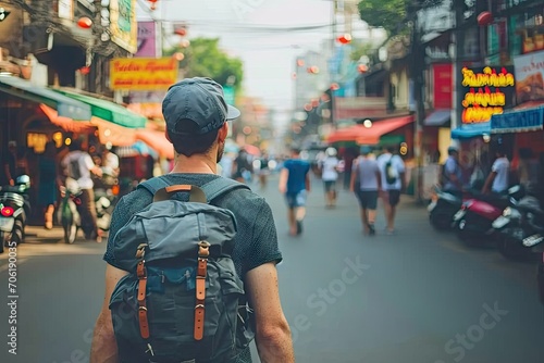 Wanderlust chronicles. Asian adventure unveiled young man with backpack exploring vibrant streets of embracing urban beat and traditional charms of culture © Bussakon