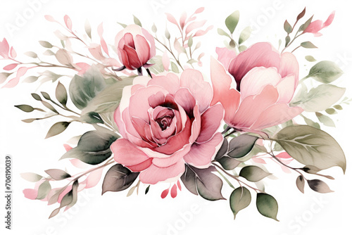 bouquet of pink roses,Watercolor floral illustration. Pink flowers and eucalyptus greenery bouquet. Dusty roses, soft light blush peony - border, wreath, frame. Perfect wedding stationary, greetings,