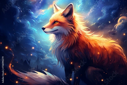 A majestic fox with extraordinary powers and a spiritual presence in a captivating universe. Generative AI photo