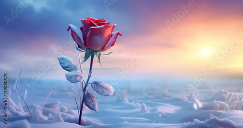 Frosted red rose in the snow. Valentine's Day natural concept