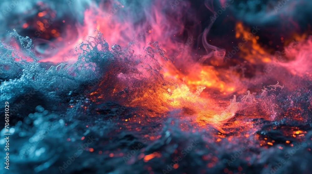  a close up of a fire and water scene with blue, red, and yellow smoke coming out of the water.