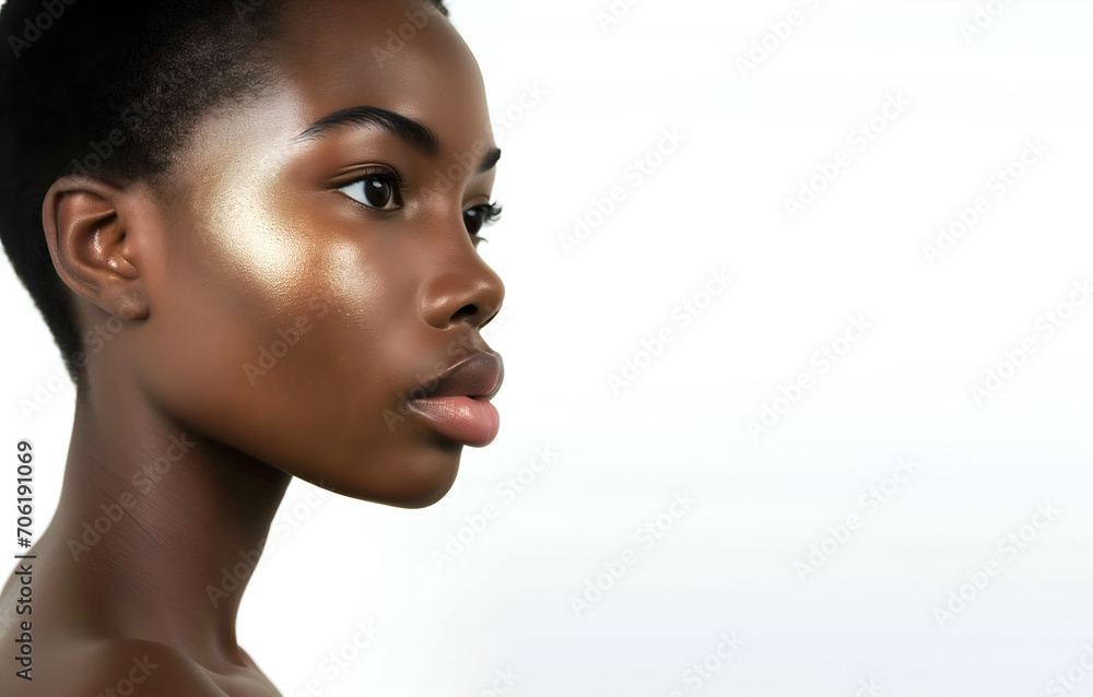 Fashion Concept. Closeup side portrait of black girl in natural makeup bronze glow look with beautiful skin. illuminated dynamic composition light. sensual, natural, advertisement, copy text space Fashion Concept. Closeup side portrait of black girl in natural makeup bronze glow look with beautiful skin. illuminated dynamic composition light. sensual, natural, advertisement, copy text space