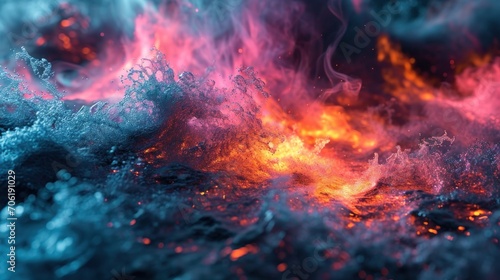  a close up of a fire and water scene with blue, red, and yellow smoke coming out of the water.