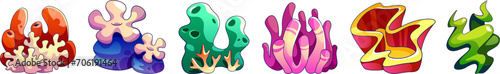 Seaweed and coral cartoon vector illustration set. Underwater ocean and aquarium plants and creatures. Various aquatic colorful marine algae and oceania sponge. Wildlife natural seabed flora.
