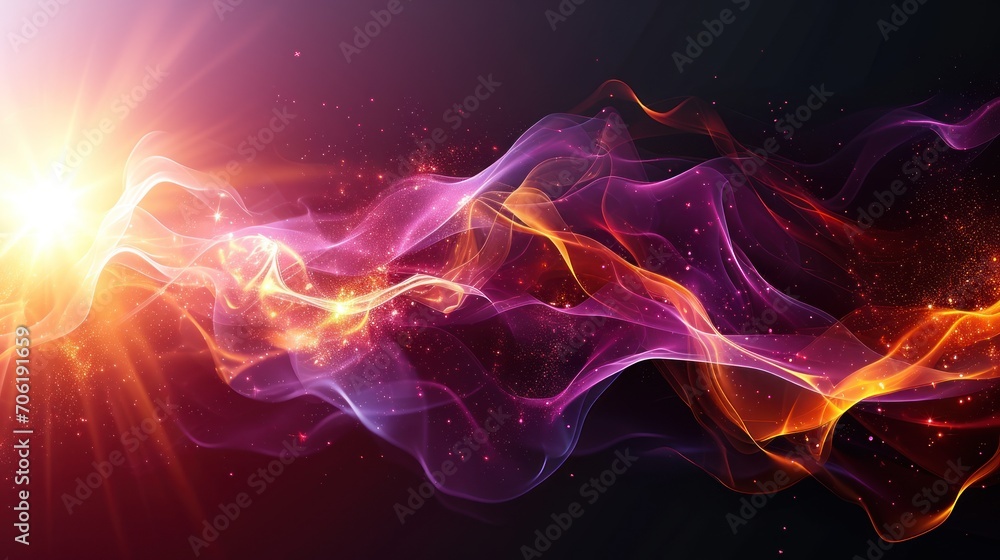  a colorful abstract background with bright lights and a wave of orange and pink smoke on a black background with a starburst in the middle.