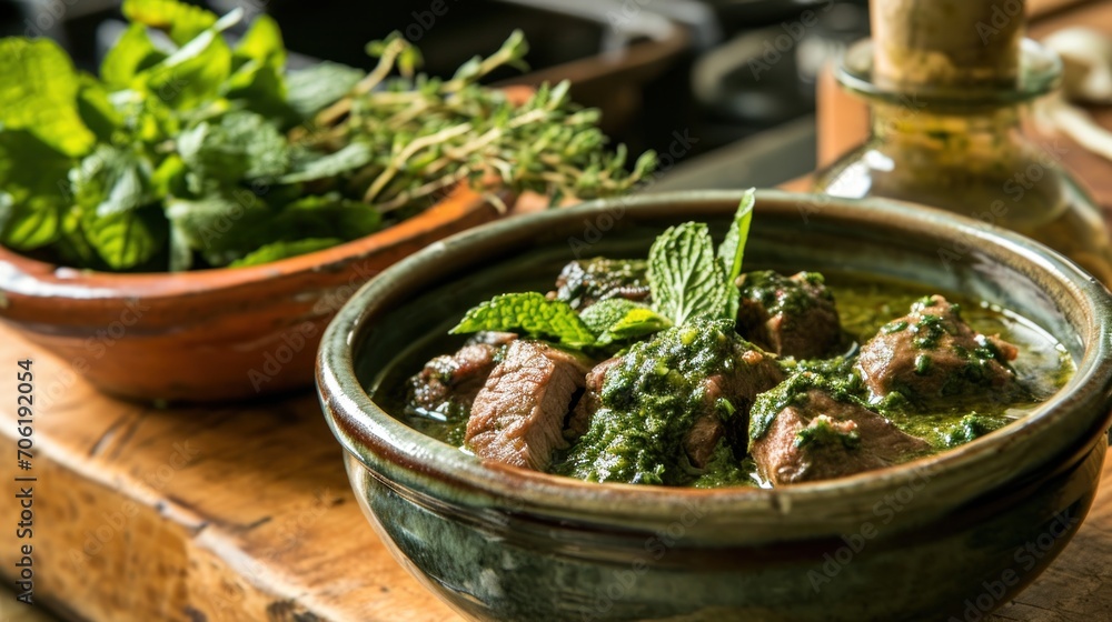 a close up of a bowl of food on a table next to a pot of herbs and a potted plant. a close up of a bowl of food on a table next to a pot of herbs and a potted plant.