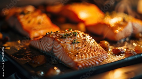  a close up of a piece of fish on a tray with other food items in the backgrouf. © Shanti
