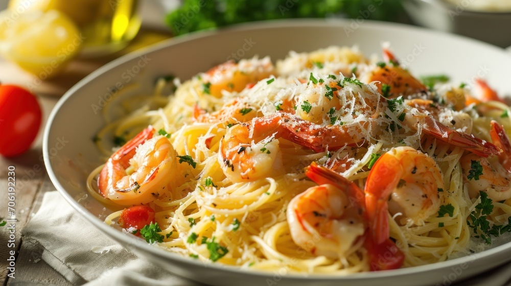 a bowl of pasta with shrimp, parmesan cheese, and parsley on a table next to tomatoes. a bowl of pasta with shrimp, parmesan cheese, and parsley on a table next to tomatoes.