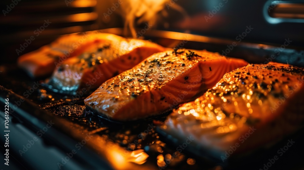 a close up of three salmons cooking in an oven with steam coming out of the top of the grill. - obrazy, fototapety, plakaty 
