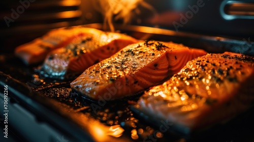  a close up of three salmons cooking in an oven with steam coming out of the top of the grill. photo