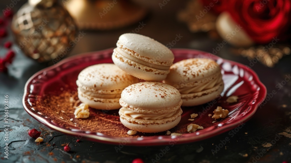 a red plate topped with macaroons covered in powdered sugar and sprinkled with powdered sugar. a red plate topped with macaroons covered in powdered sugar and sprinkled with powdered sugar.