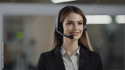 beautiful female employee Wear a headset to provide service information via audio.