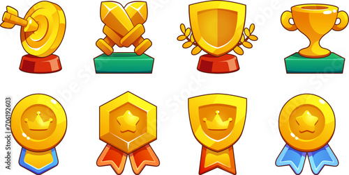 Game winner trophies set isolated on white background. Vector cartoon illustration of golden target, sword, shield, goblet, medal, hexagonal badge decorated with star, crown, ribbons, victory prize