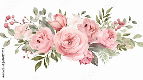 bouquet of pink roses Watercolor floral illustration. Pink flowers and eucalyptus greenery bouquet. Dusty roses  soft light blush peony - border  wreath  frame. Perfect wedding stationary  greetings 