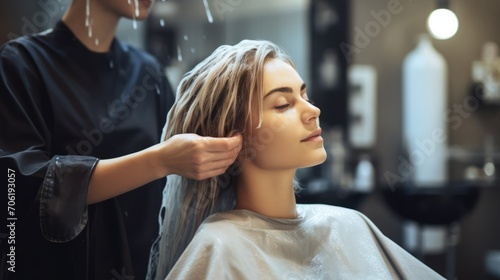 Close-up of a hairdresser applying shampoo to the hair of a client's woman, coloring her hair in a beauty salon. Profession, services, small business, beauty and care concepts.