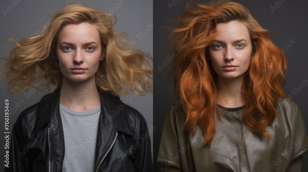 A collage of two photos before and after hair coloring at the hairdresser. A charming young woman with red hair looks into a camera on a gray background. A collage of two photos before and after hair coloring at the hairdresser. A charming young woman with red hair looks into a camera on a gray background.