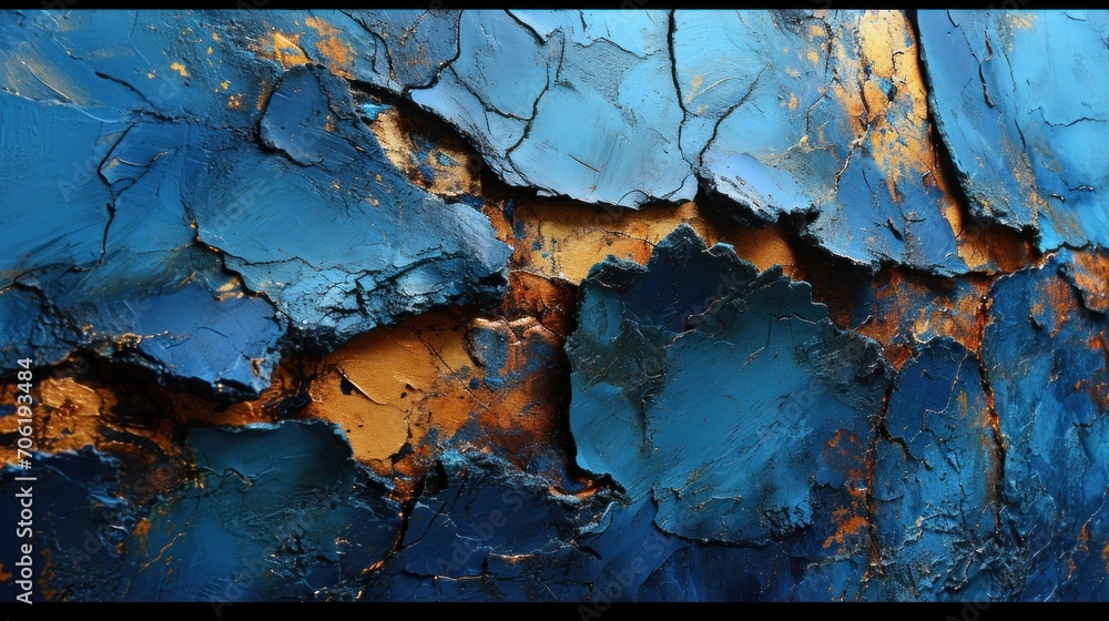  a close up of a piece of blue and orange paint on a piece of wood with peeling paint on it.