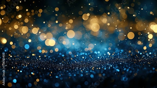 Background of abstract glitter lights, bokeh, blured. blue, gold and black. de focused. banner background photo