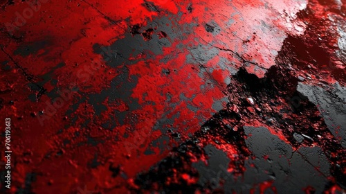  a close up of a red and black surface with drops of water on it and a black and white stripe on the bottom of the surface.