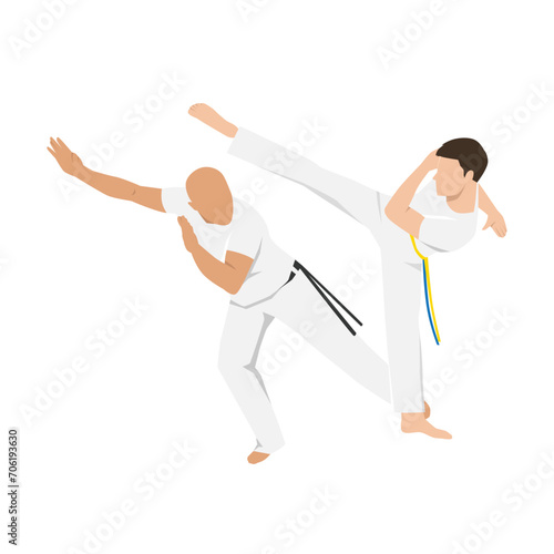 People fighting in Capoeira. Brazilian martial arts. Combat sport. Flat vector illustration isolated on white background
