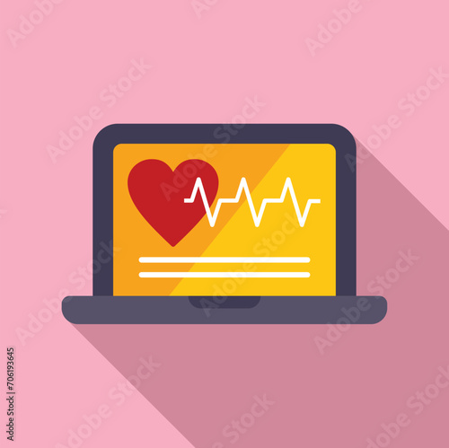 Heart rate laptop icon flat vector. Palpitating aid attack. Control man