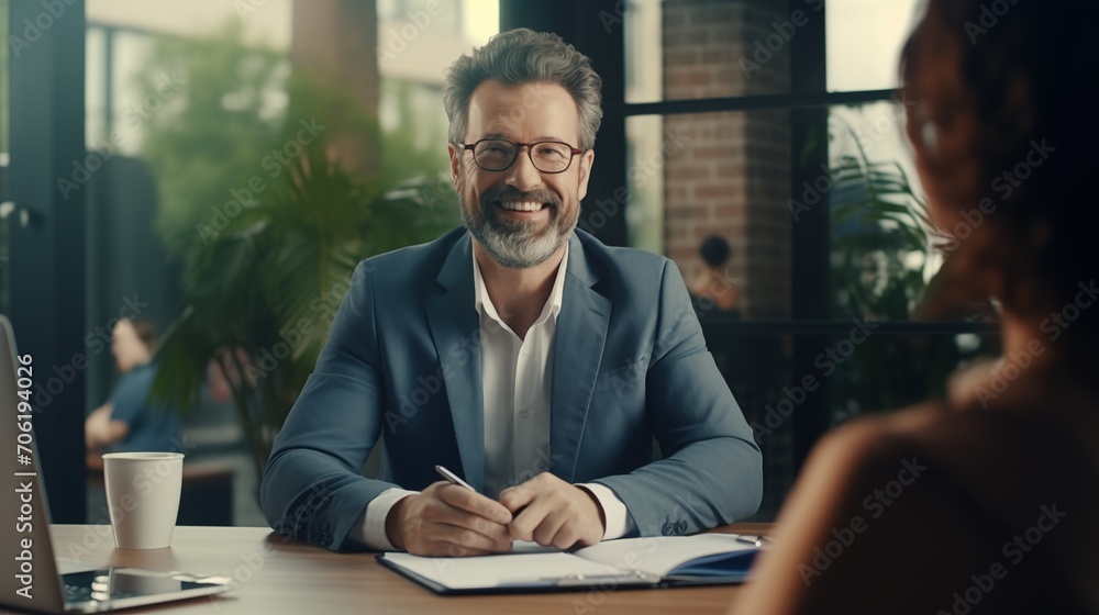 Fototapeta premium Business Elegance: Smiling Middle-Aged Businessman in Office Triumph. Generative AI
