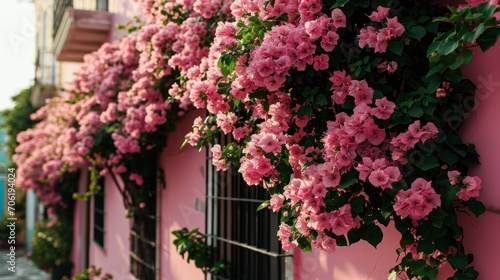  a pink building with a bunch of pink flowers growing on the side of the building and a few green plants growing on the side of the building.