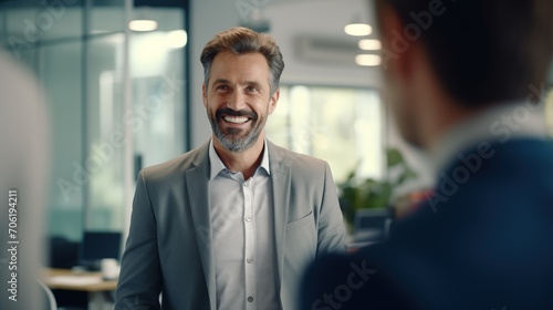 Office Leadership Aura  Confident Middle-Aged Businessman Smiles. Generative AI