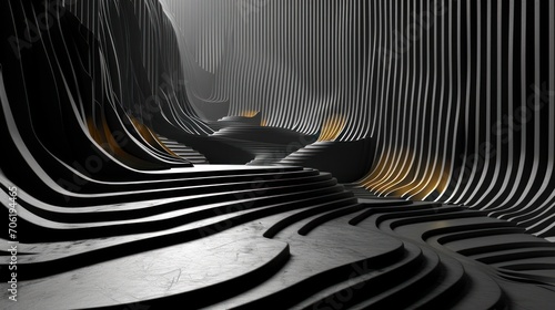  a black and white photo of a room with wavy lines on the walls and a light at the end of the room.