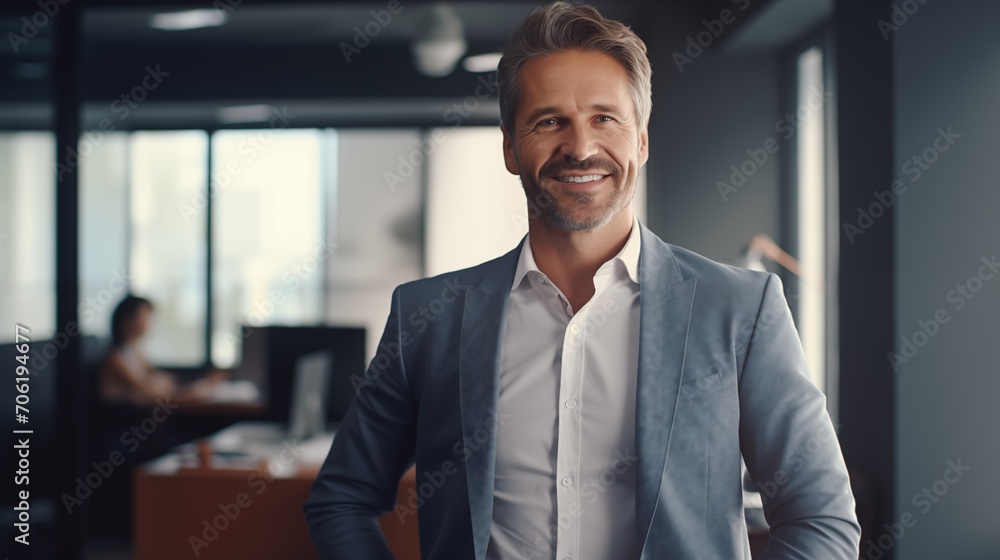 Corporate Confidence: Smiling Businessman in Successful Office Setting. Generative AI Corporate Confidence: Smiling Businessman in Successful Office Setting. Generative AI