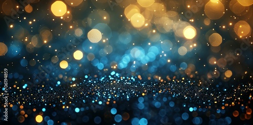 Background of abstract glitter lights  bokeh  blured. blue  gold and black. de focused. banner background