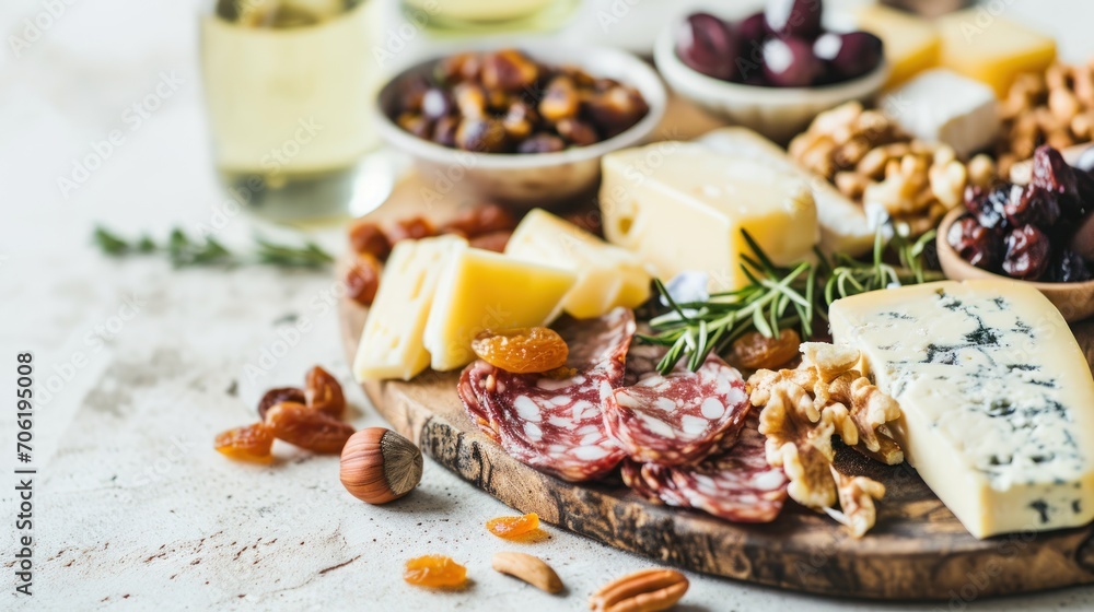  a variety of cheeses, nuts, and meats on a wooden platter with a glass of wine in the background.