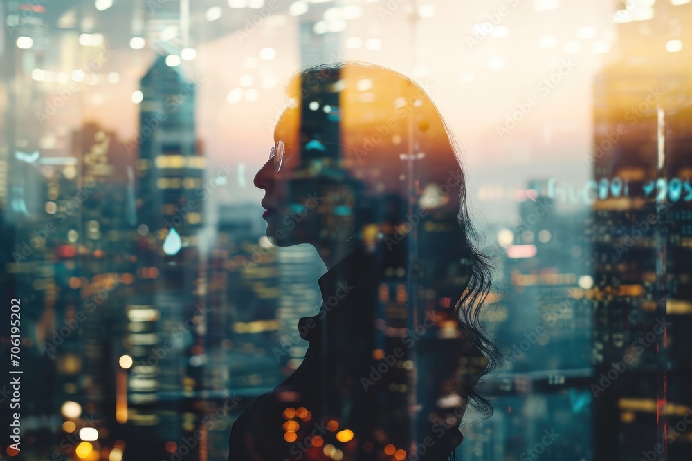 a woman standing in front of a window looking out at a cityscape with skyscrapers in the background. a woman standing in front of a window looking out at a cityscape with skyscrapers in the background.