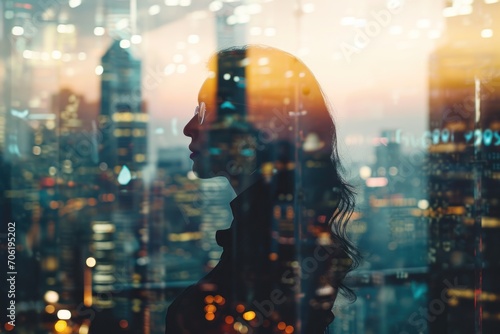  a woman standing in front of a window looking out at a cityscape with skyscrapers in the background.