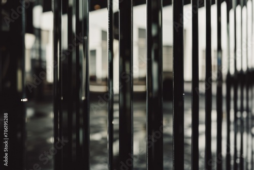  a close up of a metal fence with a building in the background and a person walking down the street in the distance.