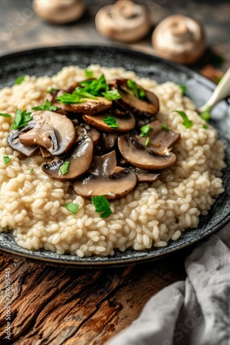 Creamy Risotto with Mushrooms and Parsley in a Bowl