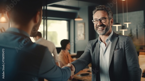 Successful Partnership: Smiling Businessman Seals the Deal in Office Collaboration. Generative AI