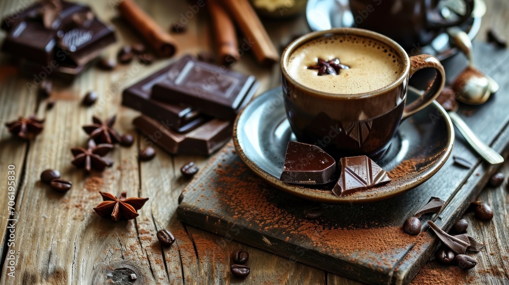 a cup of coffee sitting on top of a saucer on top of a wooden table next to a pile of chocolate. a cup of coffee sitting on top of a saucer on top of a wooden table next to a pile of chocolate.