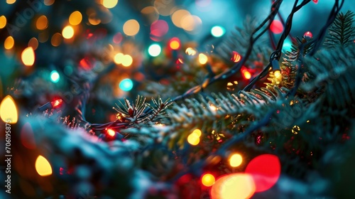  a close up of a christmas tree with many lights on it's branches and a blurry background of blurry lights.