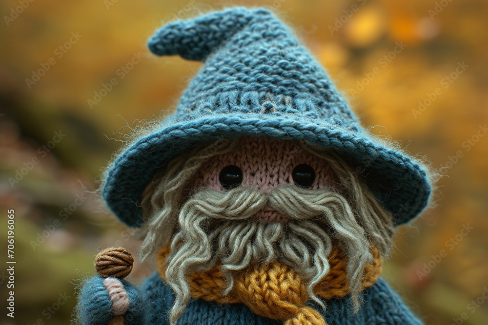 A depiction of a knitted wizard, complete with a pointy hat and a small, magical wand.